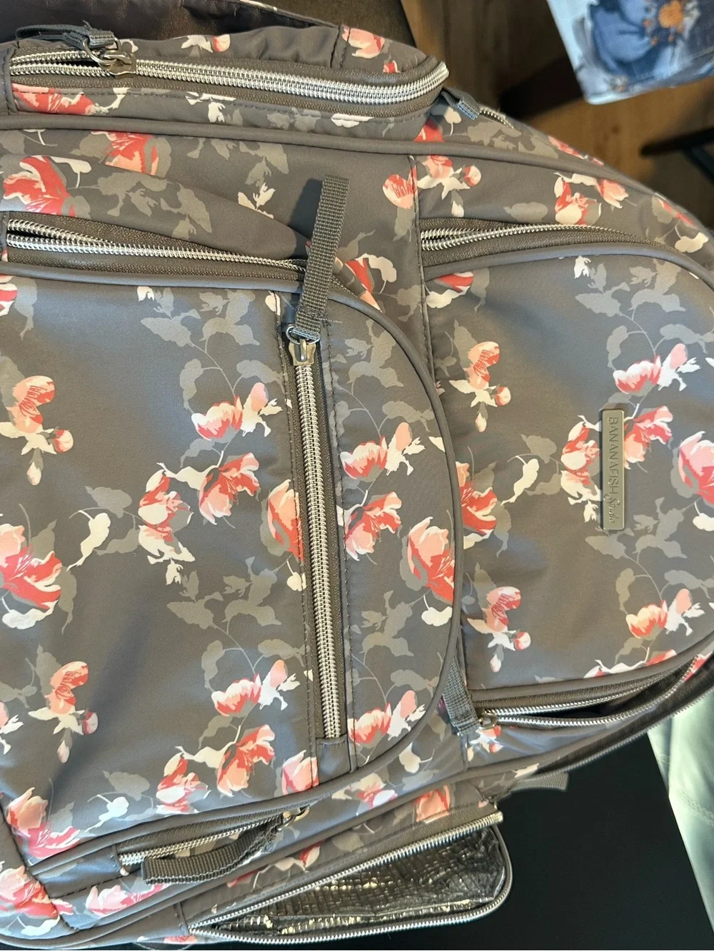 Bananafish Studio Floral Gray and Pinkish Peach Backpack Diaper Bag